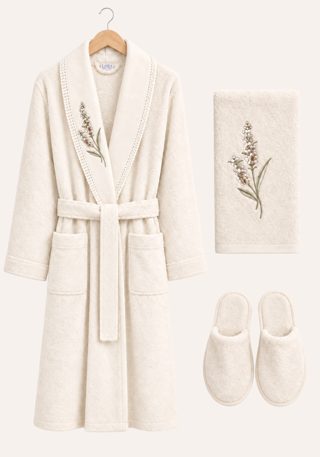 3 Pieces Single Bathrobe Embroidered Set