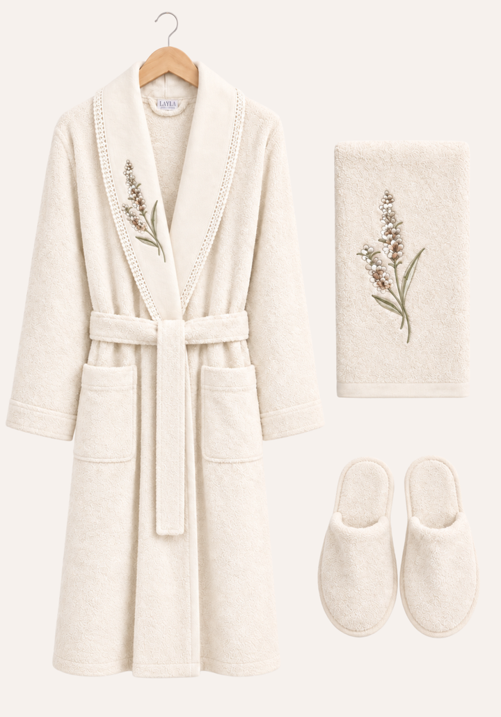 3 Pieces Single Bathrobe Embroidered Set