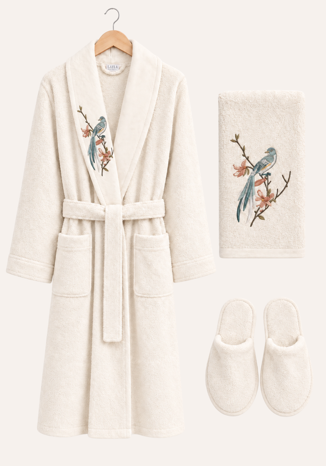 3 Pieces Single Bathrobe Embroidered Set