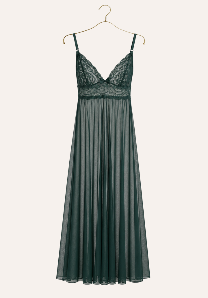 Shoulder Strap Full Lace Front And Back Top Plain Tulle Long Nighty