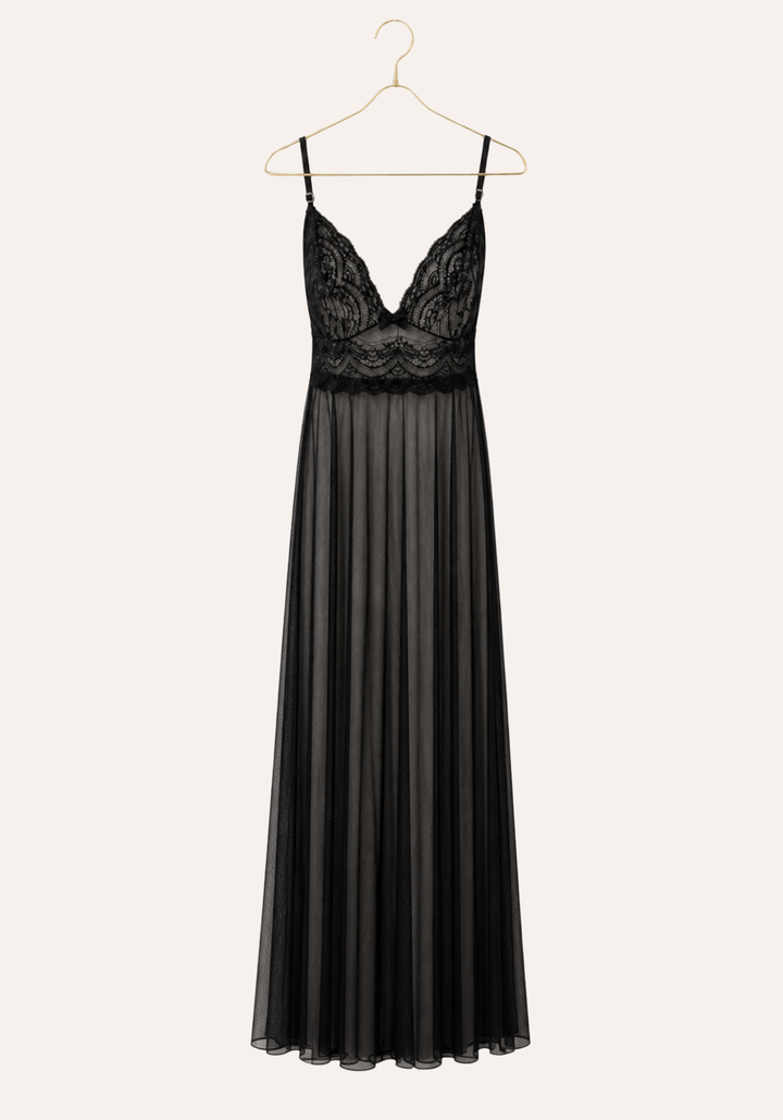 Shoulder Strap Full Lace Front And Back Top Plain Tulle Long Nighty