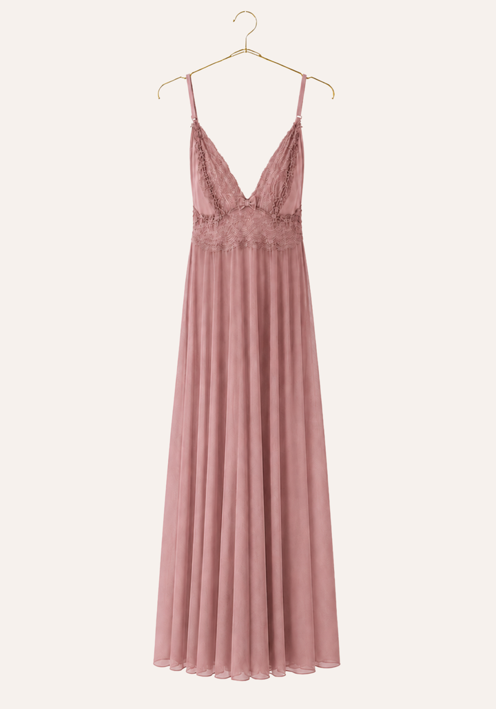 Shoulder Strap Full Lace Front And Back Top Plain Tulle Long Nighty