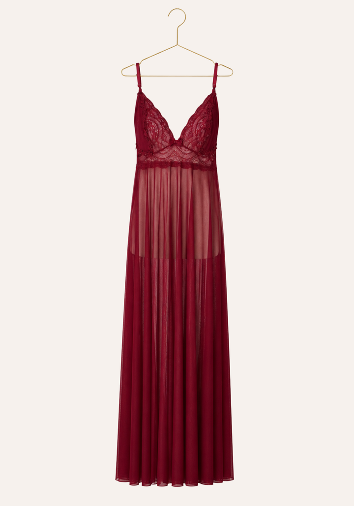 Shoulder Strap Full Lace Front And Back Top Plain Tulle Long Nighty