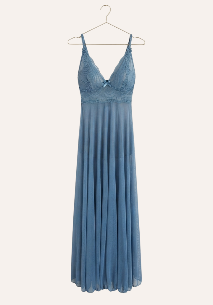 Shoulder Strap Full Lace Front And Back Top Plain Tulle Long Nighty