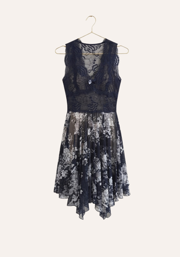 Half Plain Half Printed Tulle Slip With Front Lace Detail
