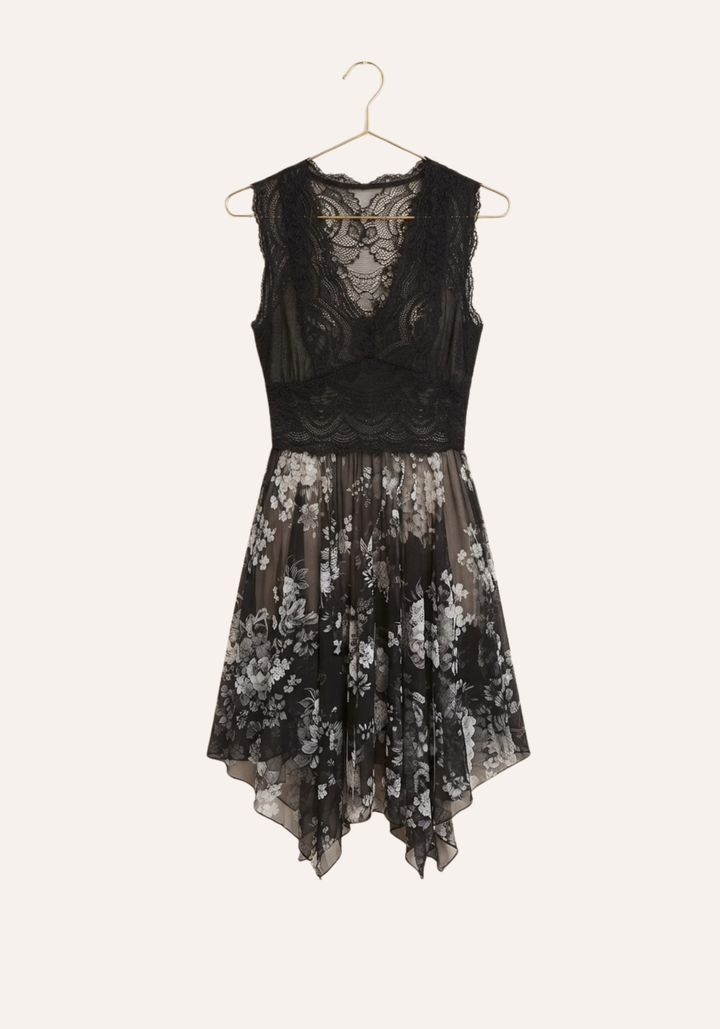 Half Plain Half Printed Tulle Slip With Front Lace Detail