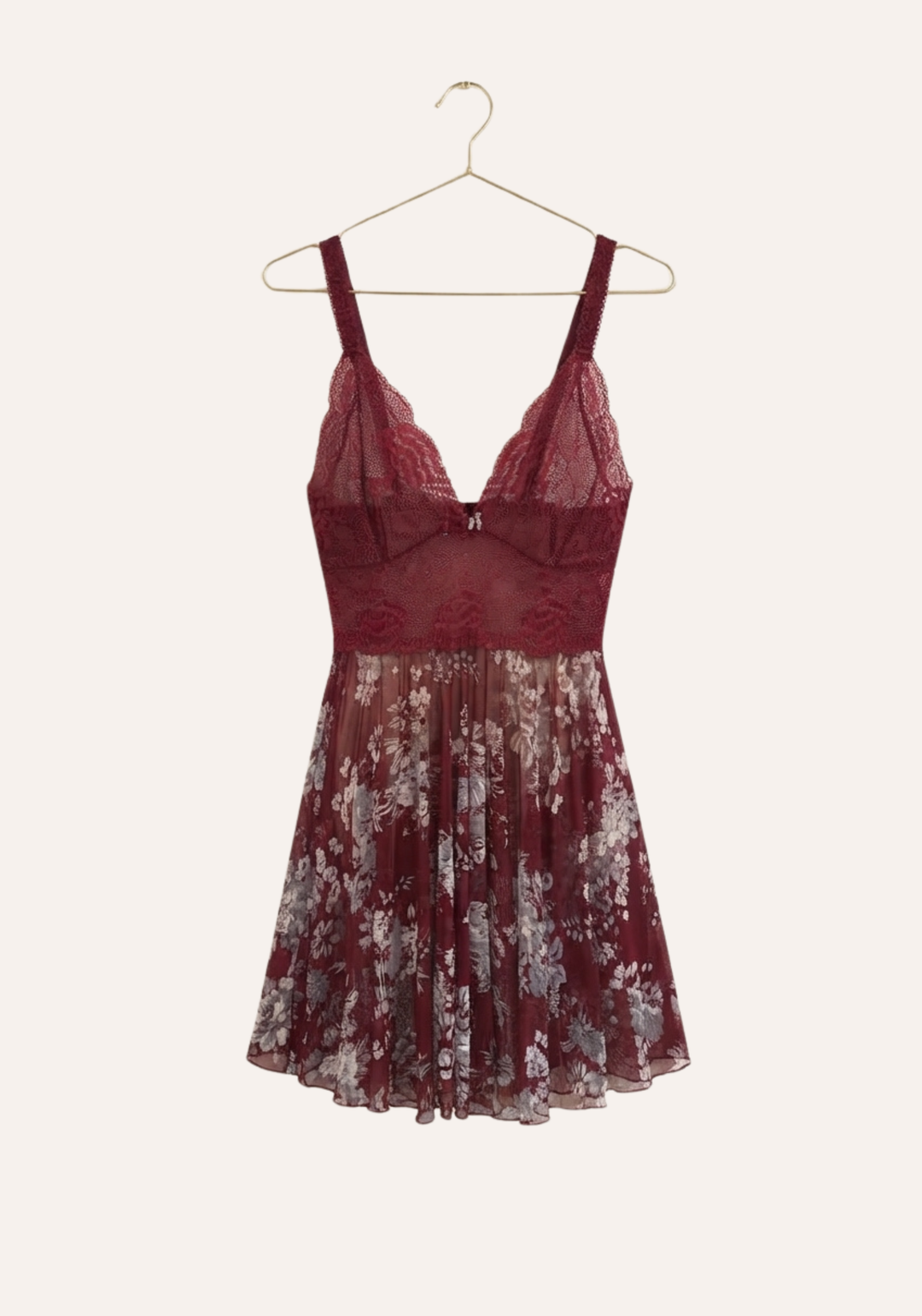 Half Plain Half Printed Tulle Slip With Front Lace Detail