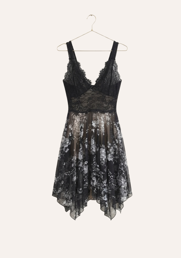 Half Plain Half Printed Tulle Slip With Front Lace Detail