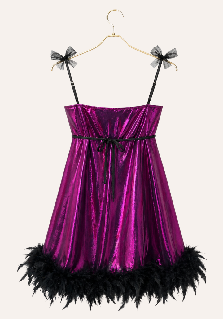 Babydoll: Ruffles Shoulder Strap Plain Satin Disko Babydoll With Furr Around The Bottom