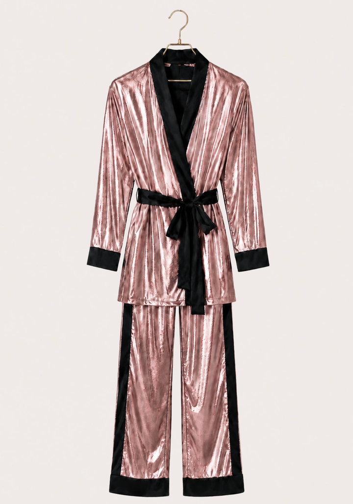 3 Pieces Pajamas: Disko Long Sleeves Short Robe And Pants And Satin Crop Tank Top