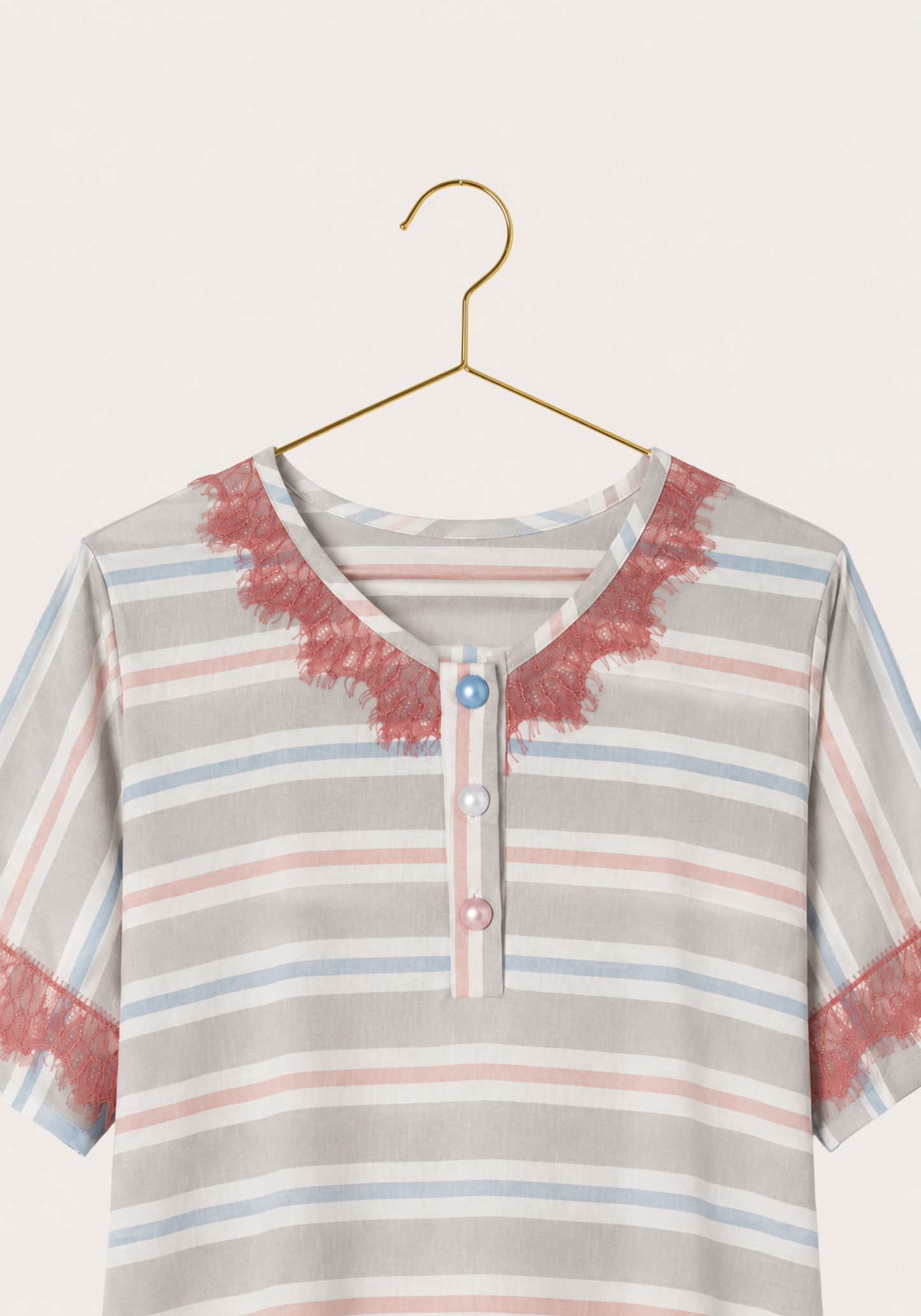 Soft Striped Short Nighty: Lace Button Collar Short Sleeve Short Nighty With Lace Detail