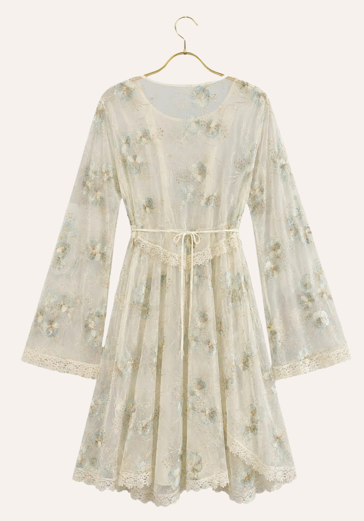 Maternal Short Robe Set: Long Sleeve Buttoned Nighty And Long Sleeve Organza Dantel Robe