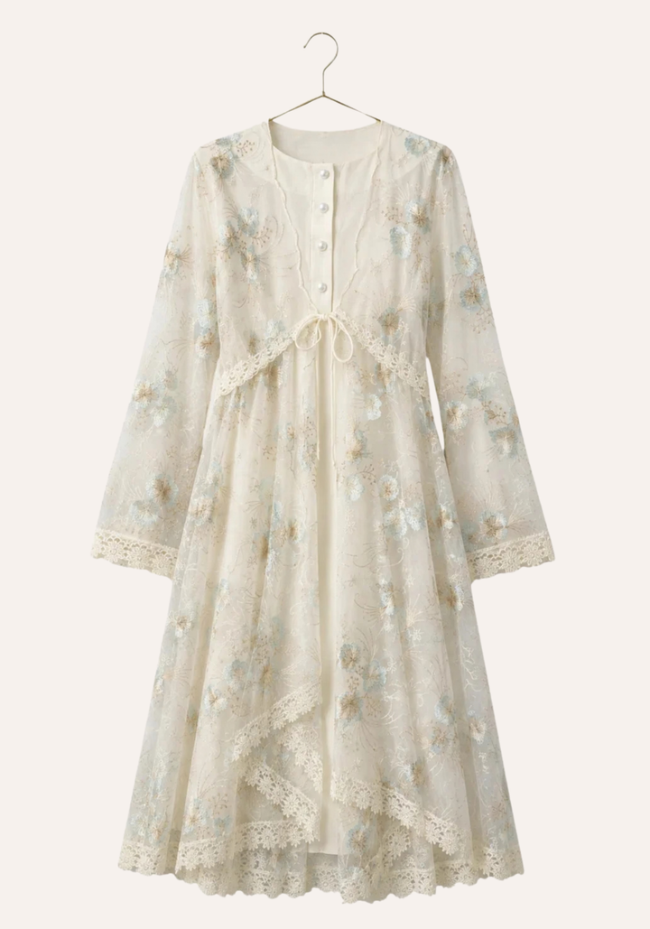 Maternal Short Robe Set: Long Sleeve Buttoned Nighty And Long Sleeve Organza Dantel Robe