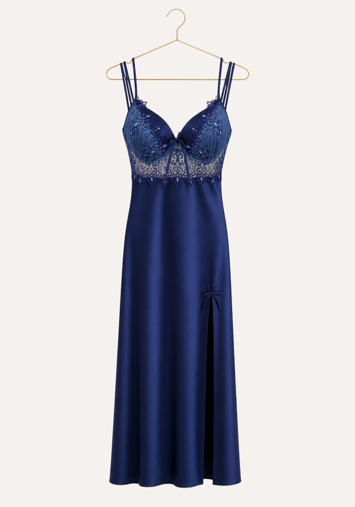 Satin Long Night Gown: Plain Shoulder Strap Lace Cups Long Nighty With Side Opening