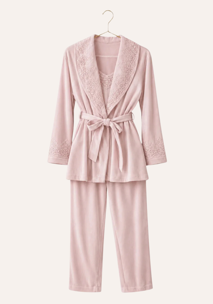 Velour 3 Pieces Set: Sleeveless Pajama And Short Robe