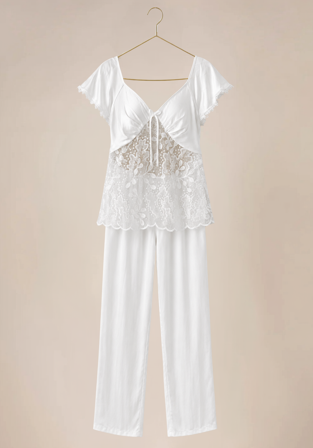Bridal Pajamas: Shoulder Strap Cami Top With Dentel Details And Plain Satin Pants