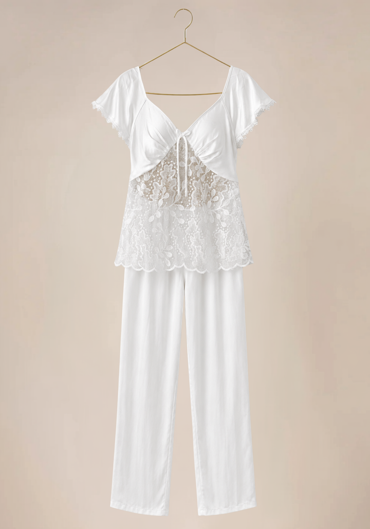 Bridal Pajamas: Shoulder Strap Cami Top With Dentel Details And Plain Satin Pants