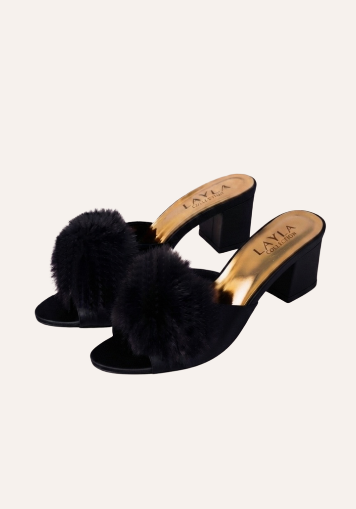 5Cm Heel With Applique Furr Slippers