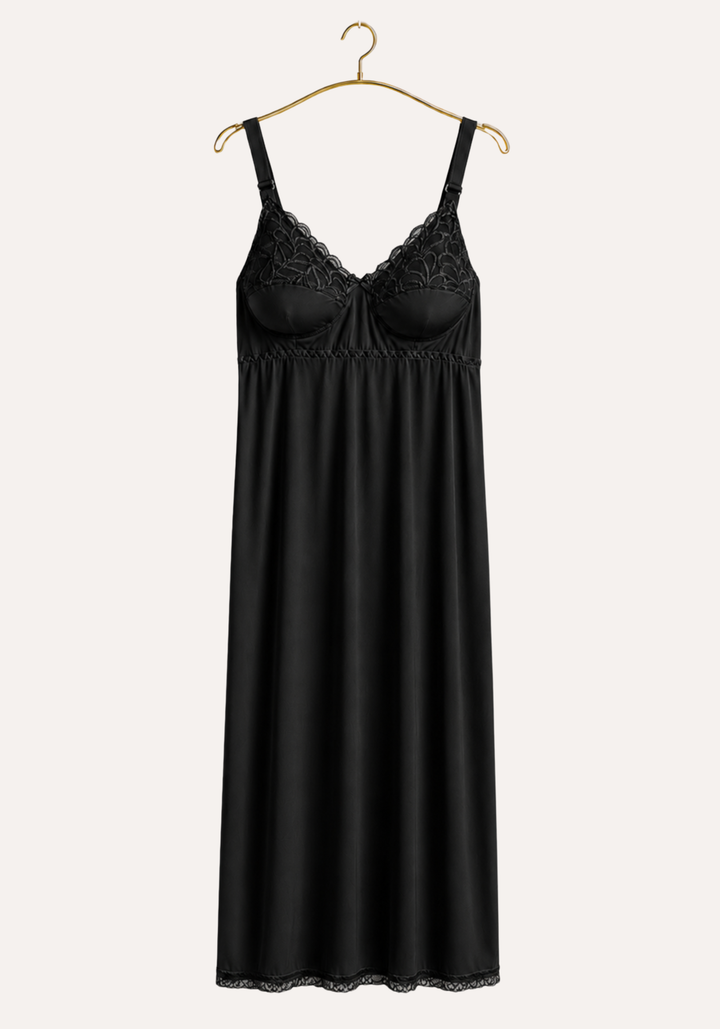 Long Slip: Wide Shoulder Strap Half Lace Half Padded Cup Long Under Slip