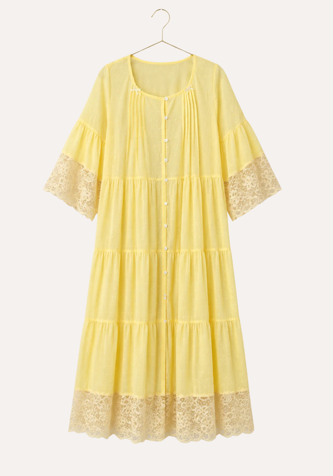 Woven Viscose Long Sleeves Midi Nighty With Front Buttons And Lace Detail