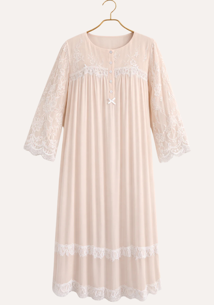 Woven Viscose Long Sleeves Long Nighty With Dantel In The Front &amp; Sleeves With Buttons