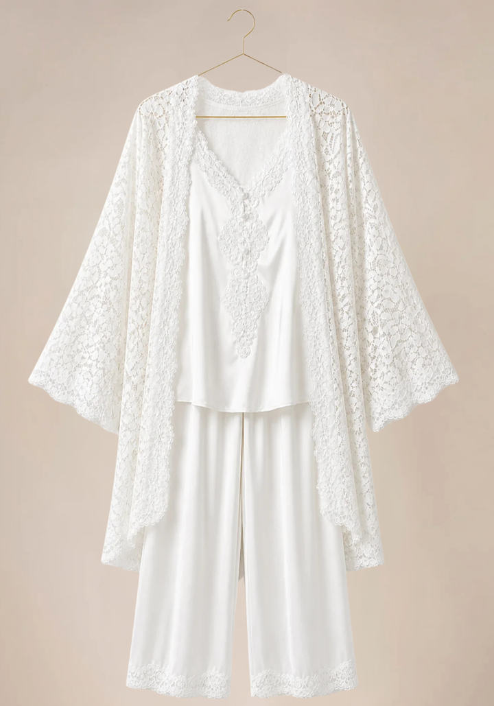 Bridal 3 Pieces Pajamas: Full Dantel Short Robe And Sleeveless Satin Top With Buttons And Pants With Lace Details