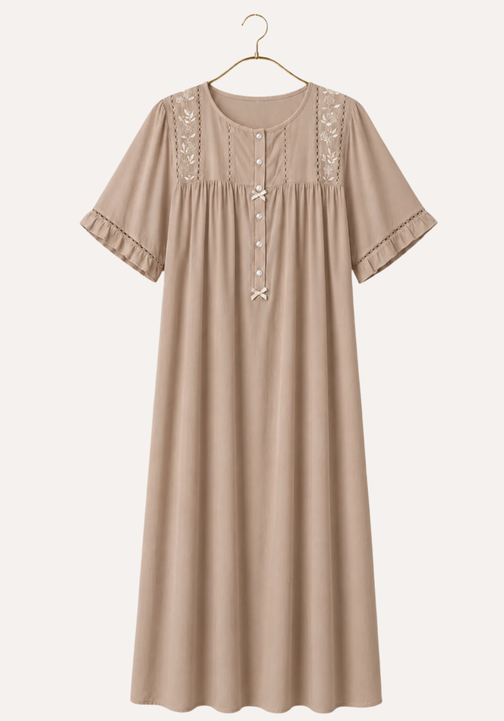 Long Gown: Woven Viscose Short Sleeves Long Nighty With Buttons And Embroidery Details