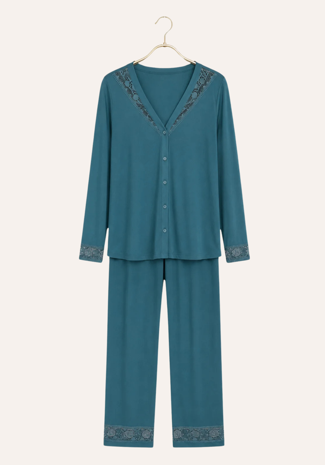 Pajamas: Viscose Lycra V-Neck Button Long Sleeve Top With Lace Detail And Pants