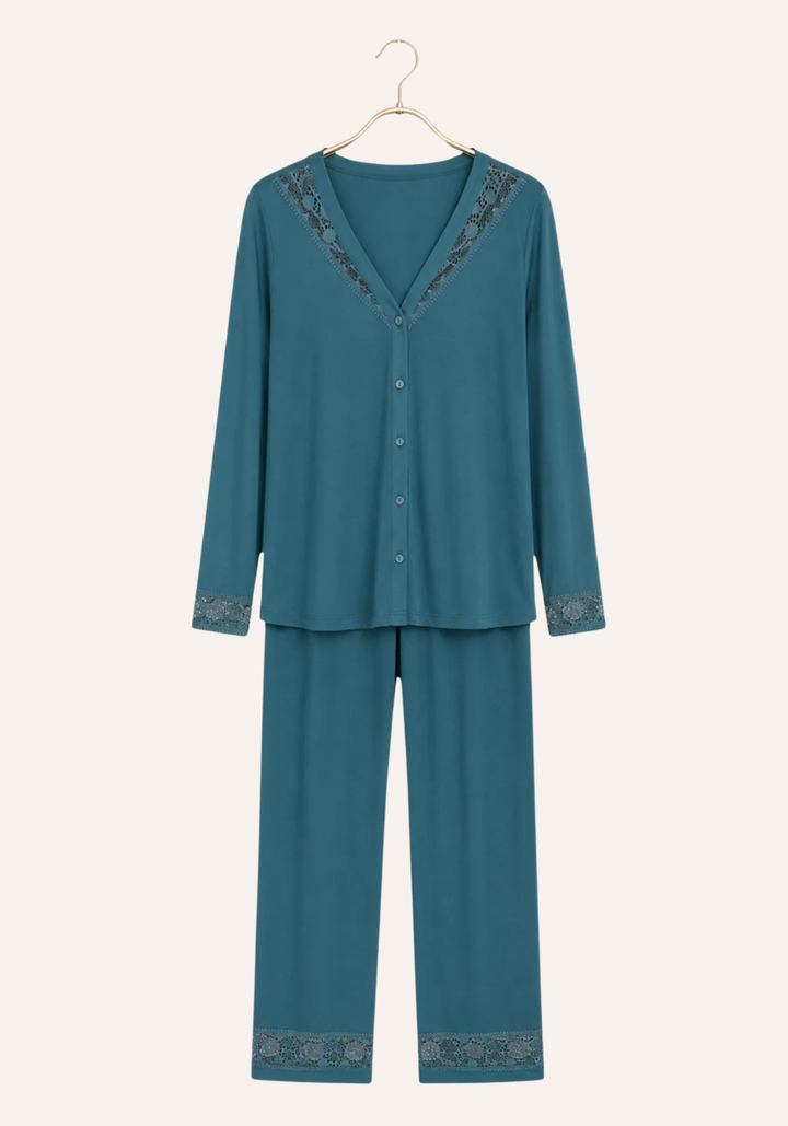 Pajamas: Viscose Lycra V-Neck Button Long Sleeve Top With Lace Detail And Pants