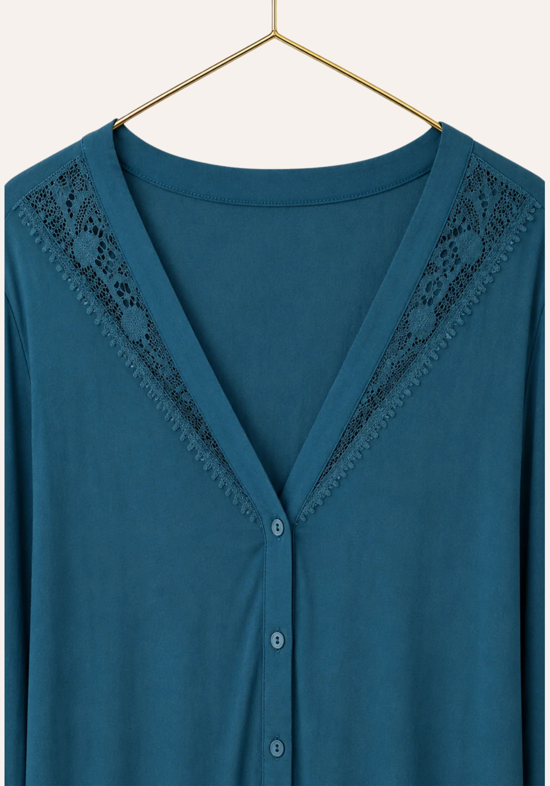 Pajamas: Viscose Lycra V-Neck Button Long Sleeve Top With Lace Detail And Pants