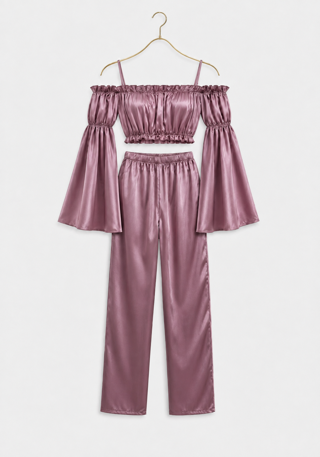 LNGR Satin Full Shoulder Sleeve Bra And Pant Set