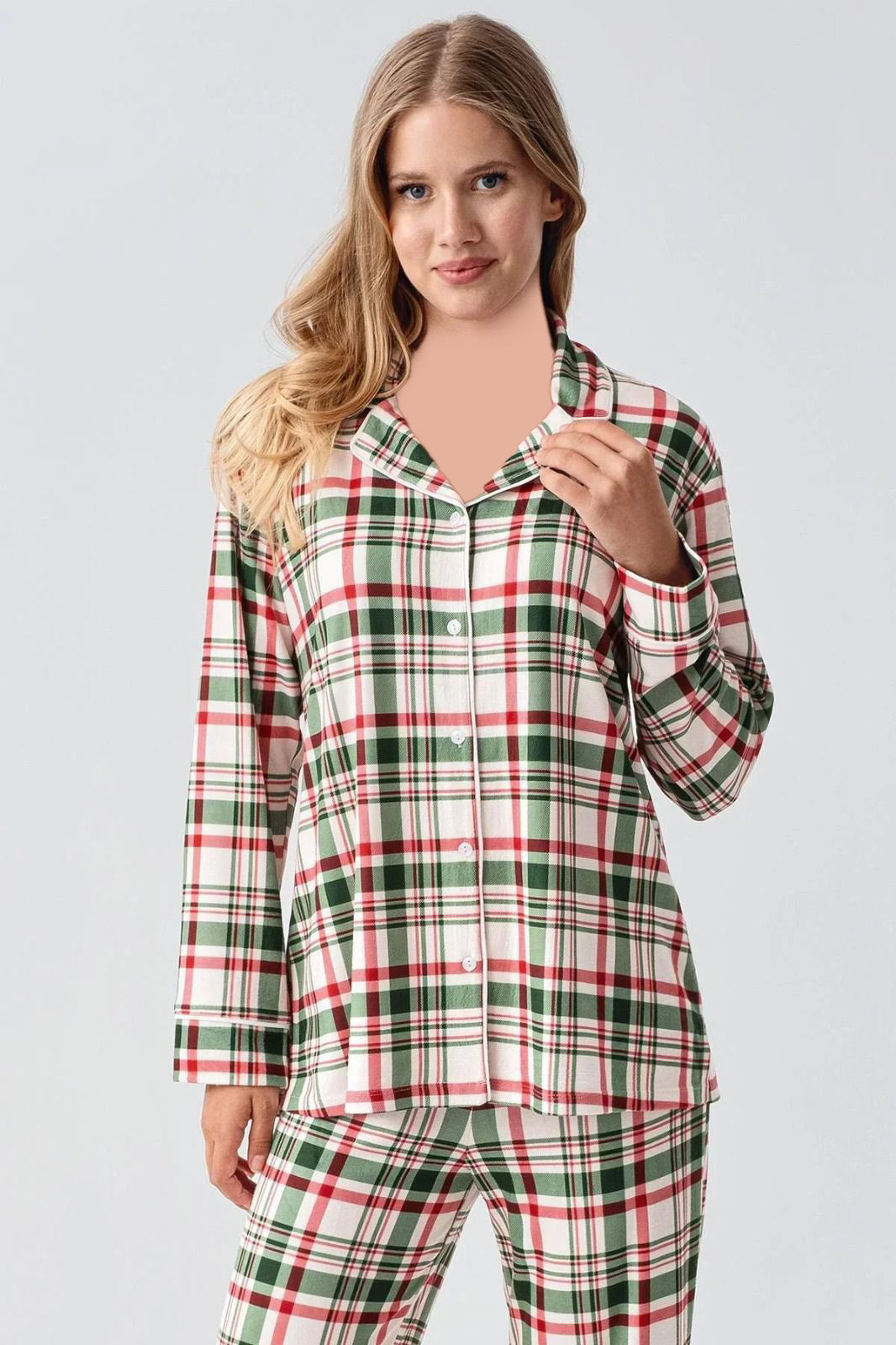 Collar Button Long Sleeve Chequered Pajamas
