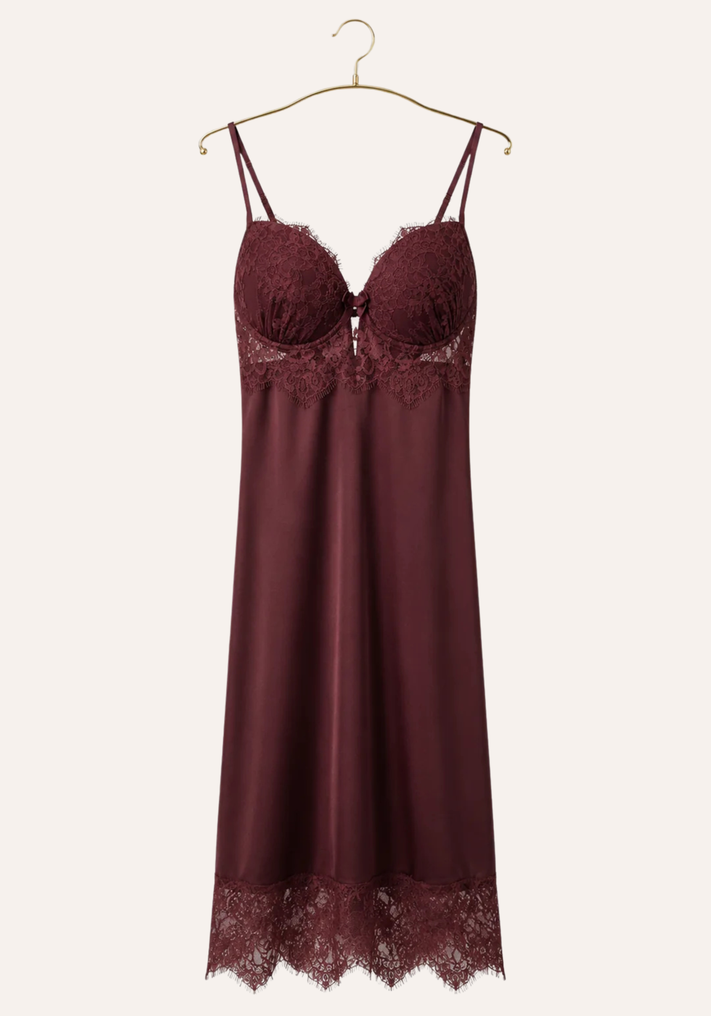 Lingerie Long Robe Set: Satin Padded Underwire Cup Long Nighty And Satin Long Sleeve Long Robe With Lace Detail