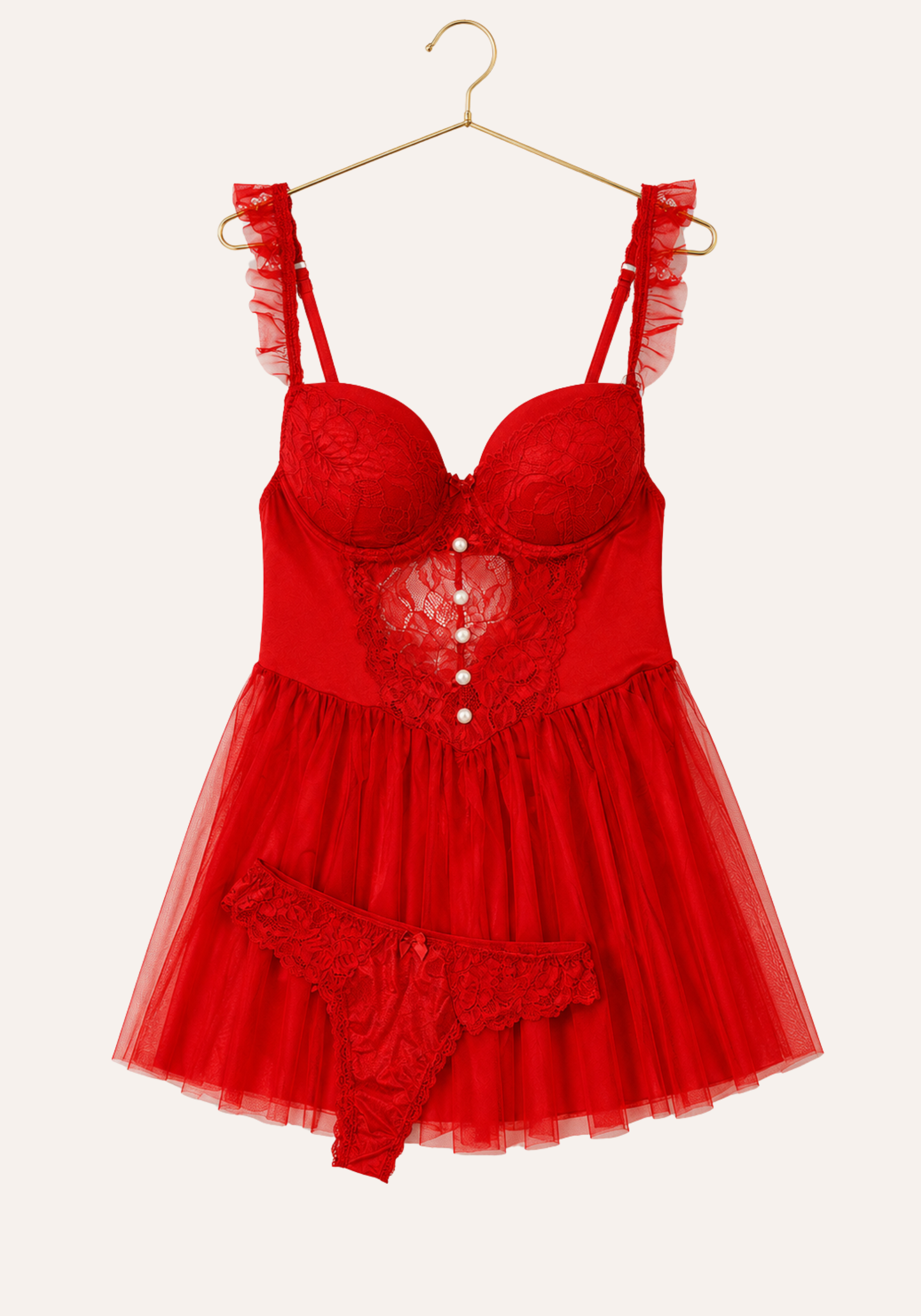 لانجيري بيبي دول: حمالة صدر مبطنة بكأس دانتيل وكشكشة من الشيفون مع سروال داخلي من الساتان والدانتيل