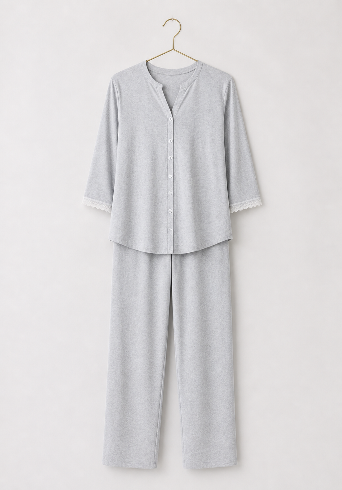 Maternal Pajamas: Plain Button Top With Lace Detail And Pants (100% Premium Cotton)