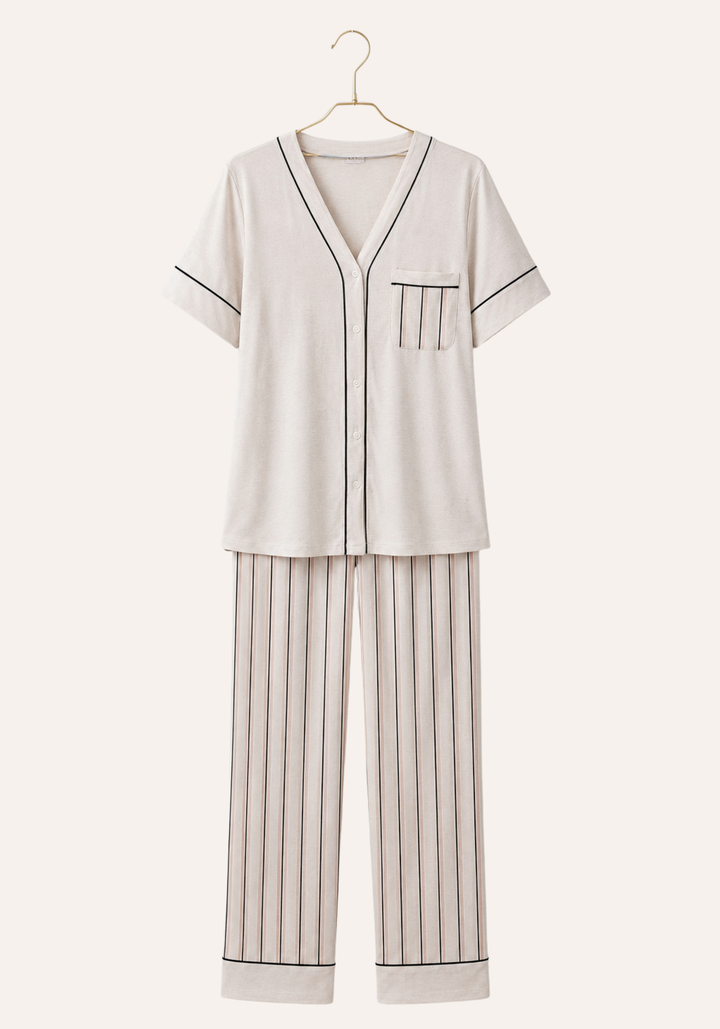 V-Neck Button Top And Striped Pant Short Sleeve Pajama