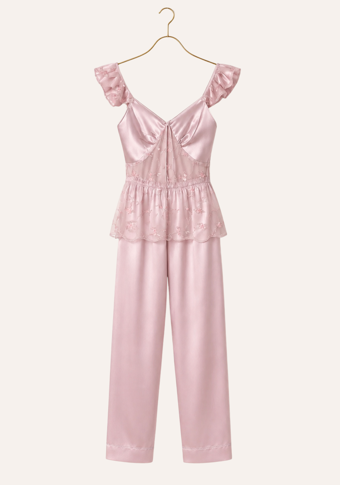 Satin Pajamas: Sleeveless Top With Lace Detail And Satin Pants