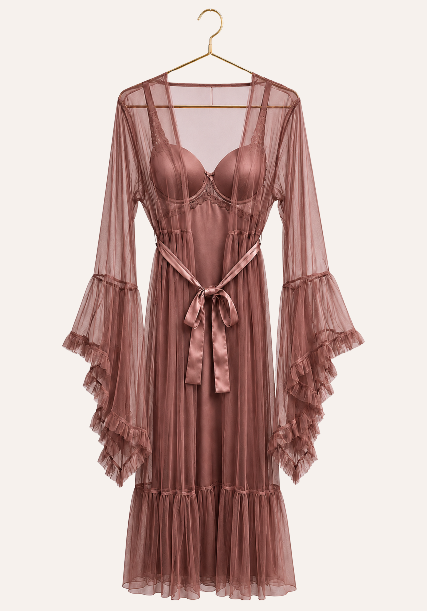 Lingerie Long Robe Set: Satin Padded Underwire Cup Long Nighty And Schiffon Long Robe With Ruffles On The Sleeves