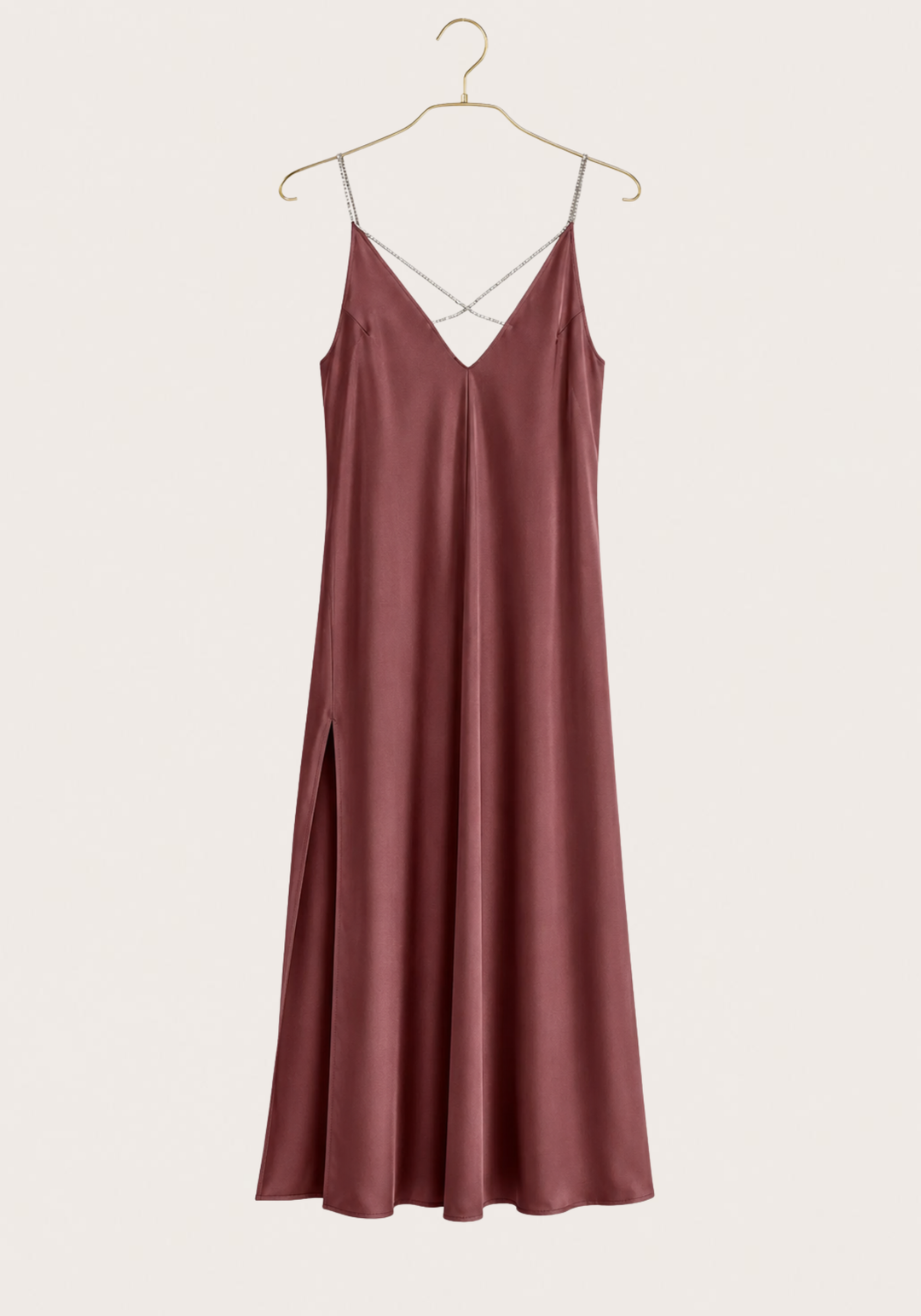 Lingerie Long Gown: Shoulder Stras Strap Satin Plain Long Nighty With Two Side Openings