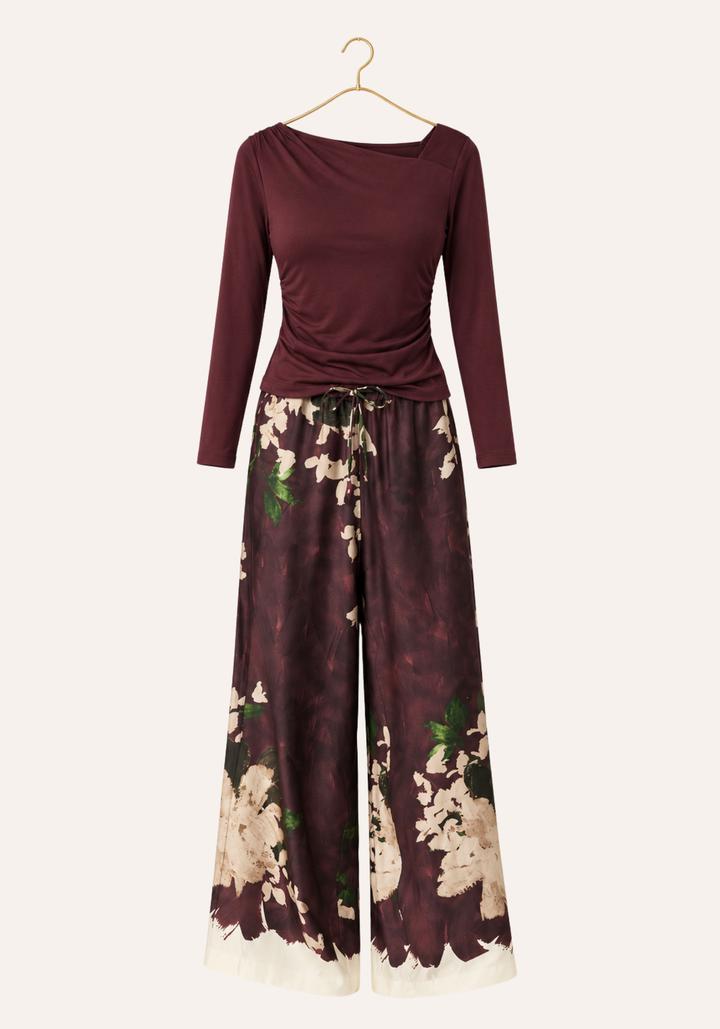 Plain Long Sleeve Top And Floral Print Pants