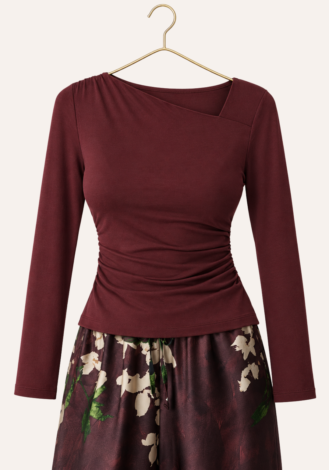 Plain Long Sleeve Top And Floral Print Pants