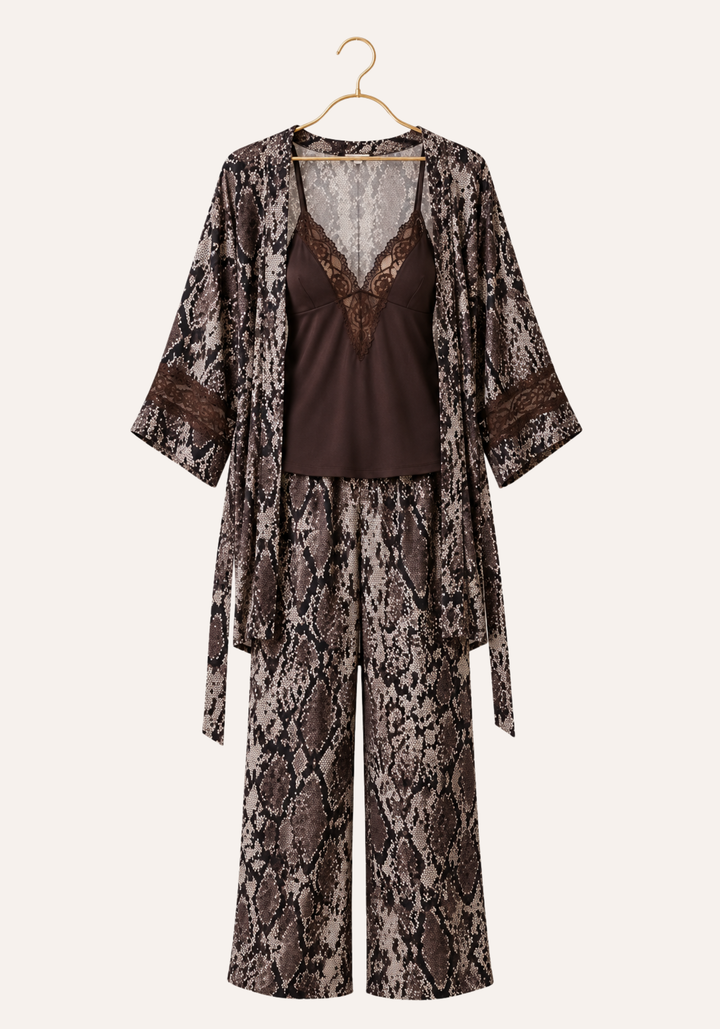 3 Pieces Set: Snake Print Short Robe And Long Pants And Shoulder Strap Tank Top