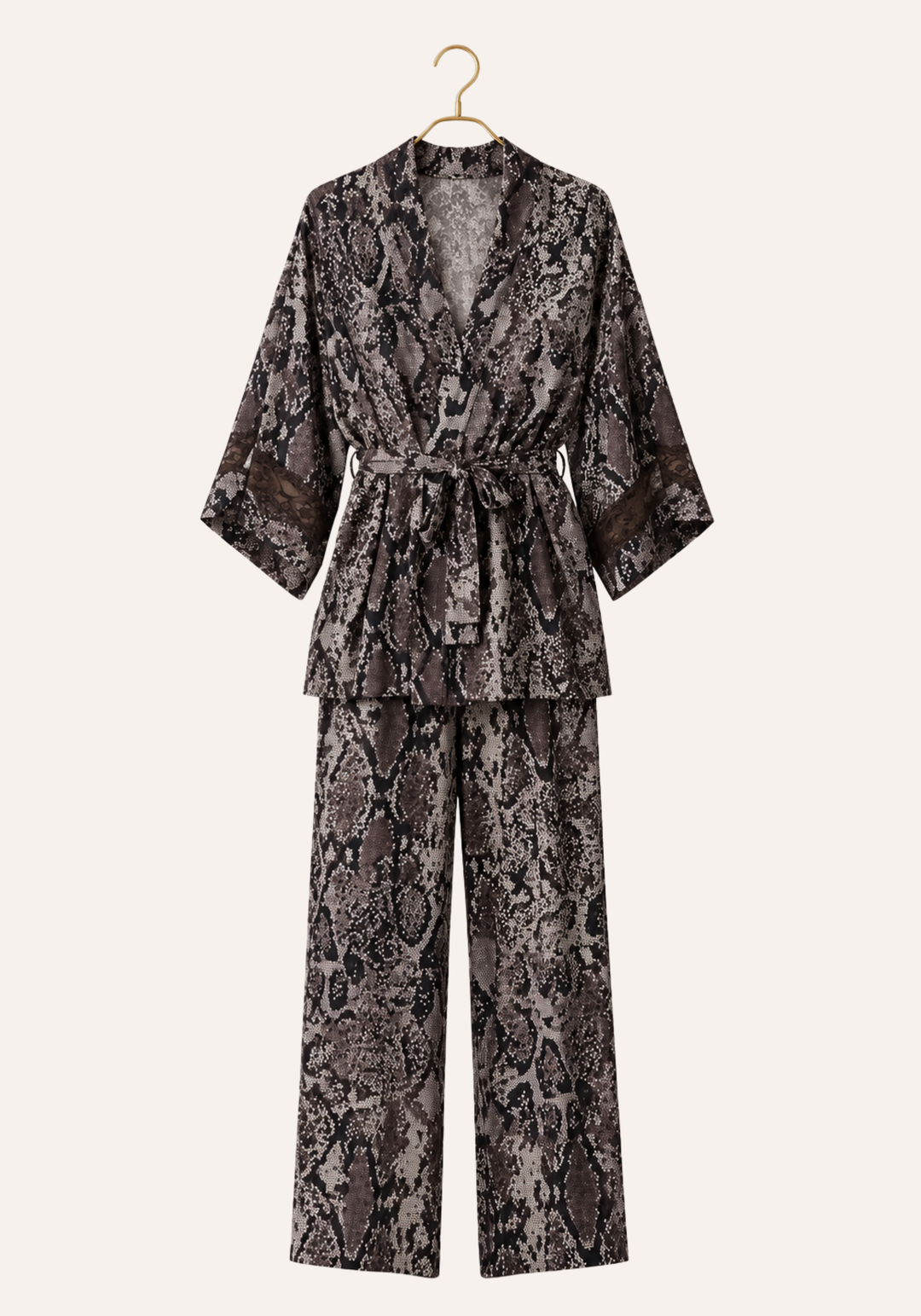 3 Pieces Set: Snake Print Short Robe And Long Pants And Shoulder Strap Tank Top
