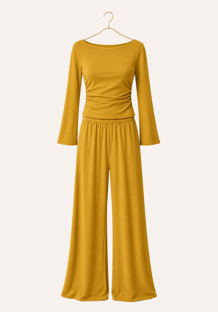 Plain Long Sleeve Body Top And Wide-Cut Pants Pajamas