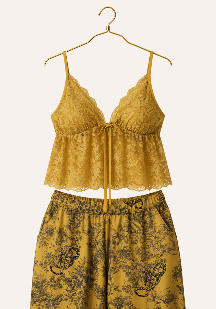 3 Pieces Set: Print Short Robe And Long Pants And Shoulder Strap Tank Top