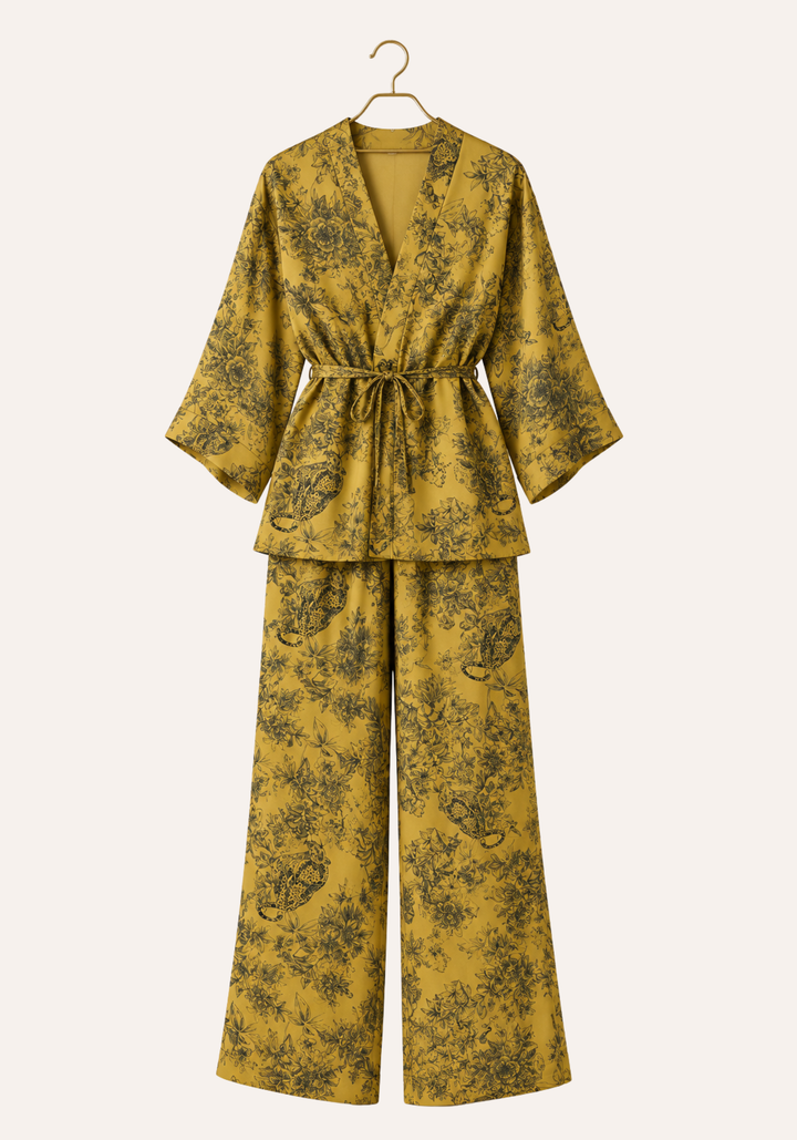 3 Pieces Set: Print Short Robe And Long Pants And Shoulder Strap Tank Top