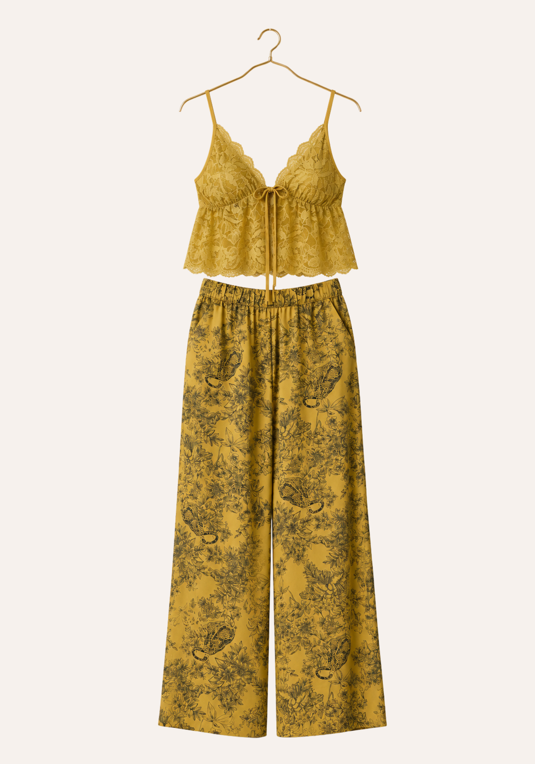 3 Pieces Set: Print Short Robe And Long Pants And Shoulder Strap Tank Top