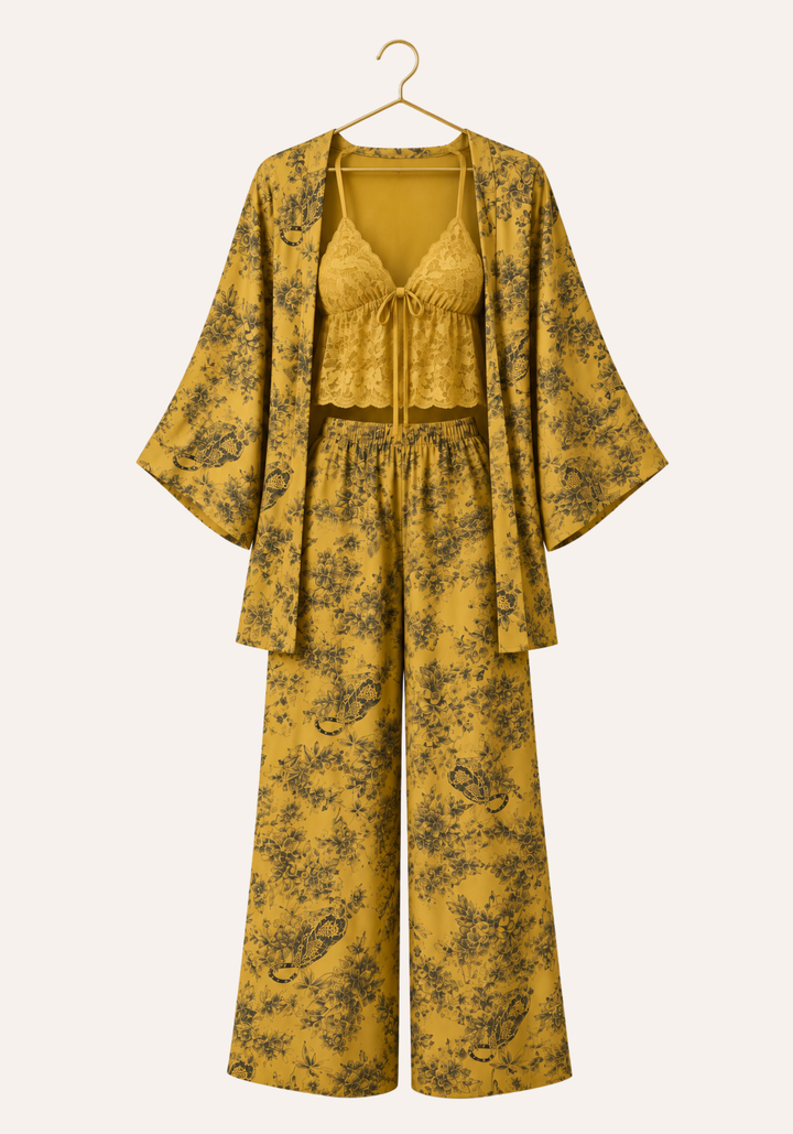 3 Pieces Set: Print Short Robe And Long Pants And Shoulder Strap Tank Top