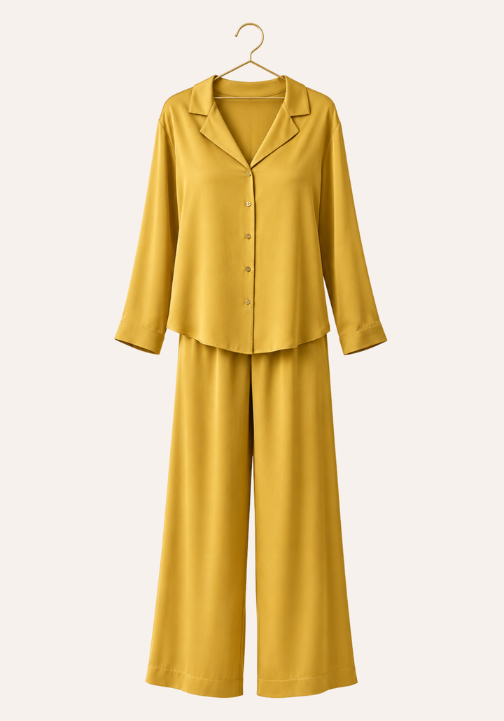 Plain Collar Button Long Sleeve Top And Pants