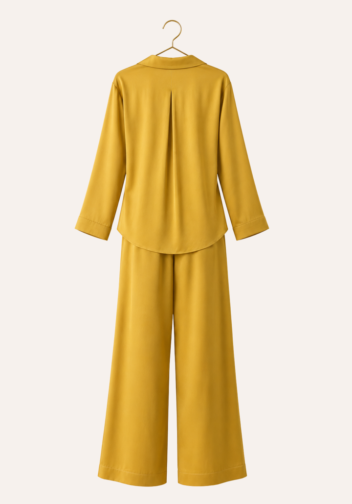 Plain Collar Button Long Sleeve Top And Pants